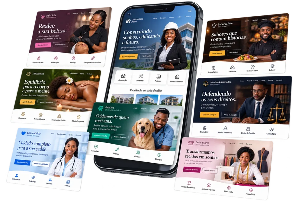 Exemplos de sites criados pela BravArtes em telemóvel e desktop