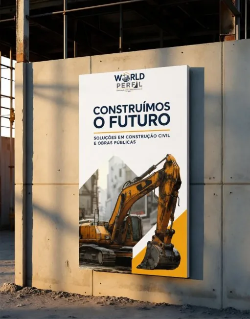 Cartaz Construímos o Futuro da World Perfil numa parede de obra