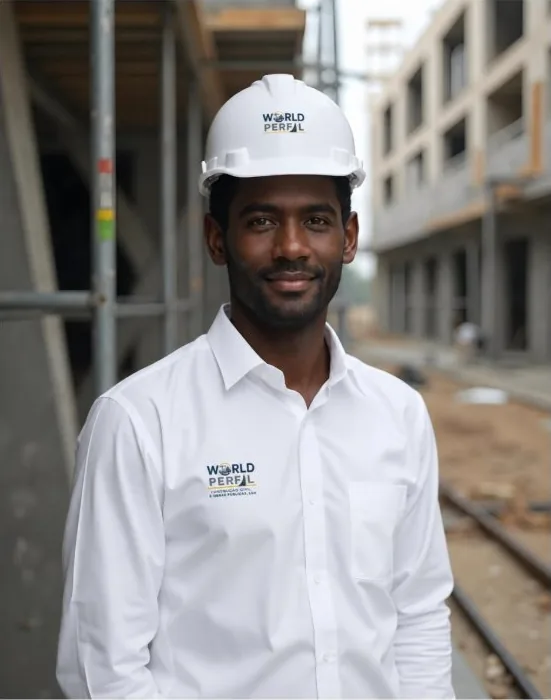 Colaborador com camisa branca e capacete World Perfil
